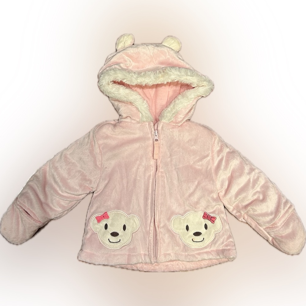Girls 12 month casual cozy pink with bears Wippette coat built in hand kits.